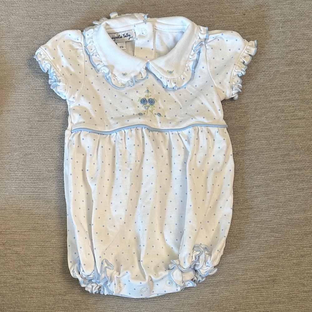 Magnolia baby White and Blue Polka Dot Baby Romper